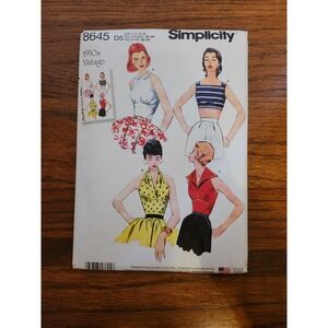 Simplicity 8645 1950s Vintage Style Tops Sewing Pattern Size 4-12 Halter Cropped